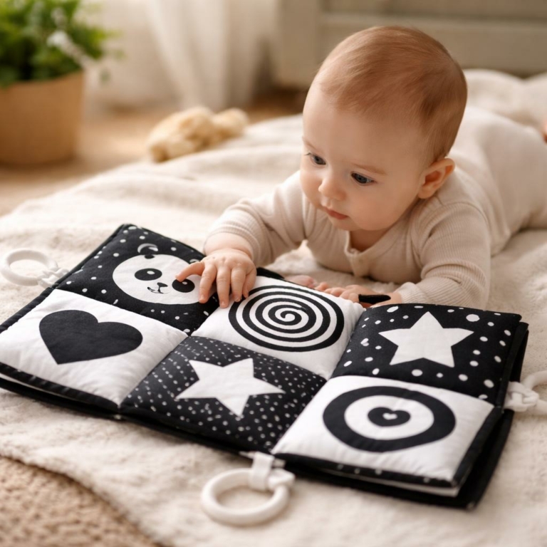 Livre en tissu noir et blanc pour bébé — éveil visuel et sensoriel dès la naissance